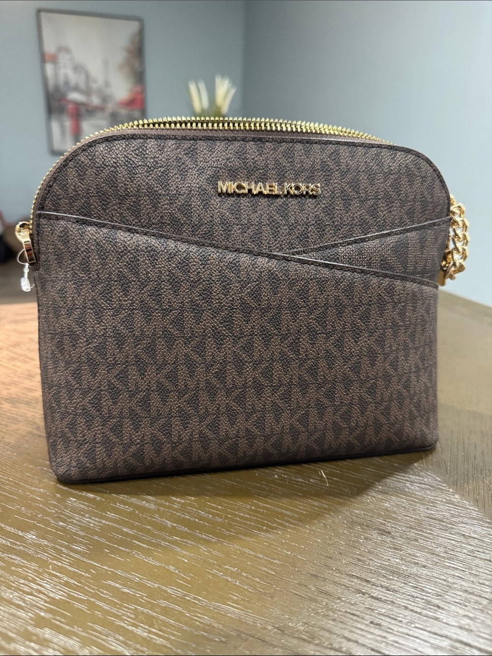 Michael Kors Brown Logo Dome Crossbody with Gold Hardware